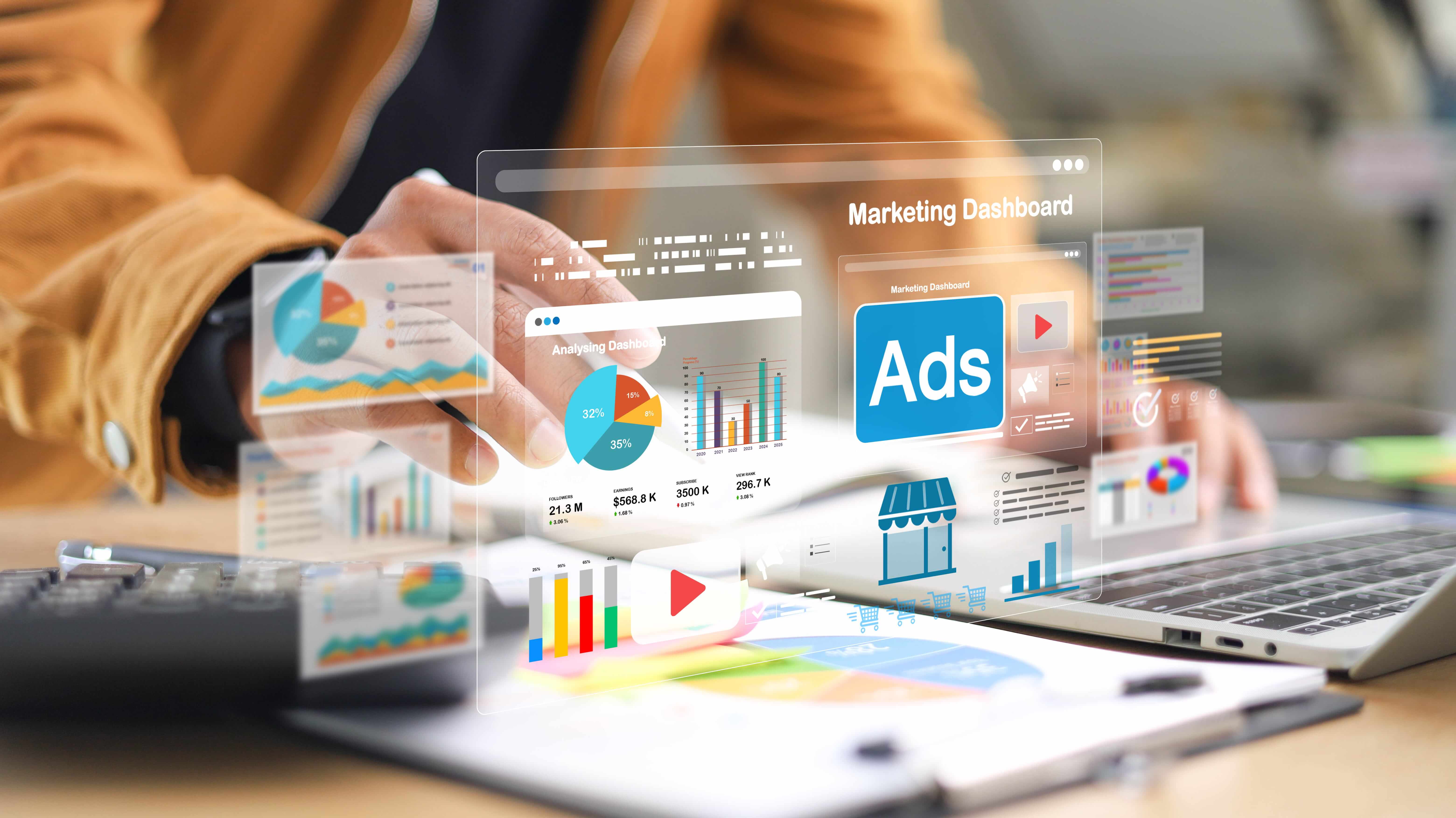 Digital Marketing Dashboard With Analytics Overlay Business Workspace Showing Data Visualization 1